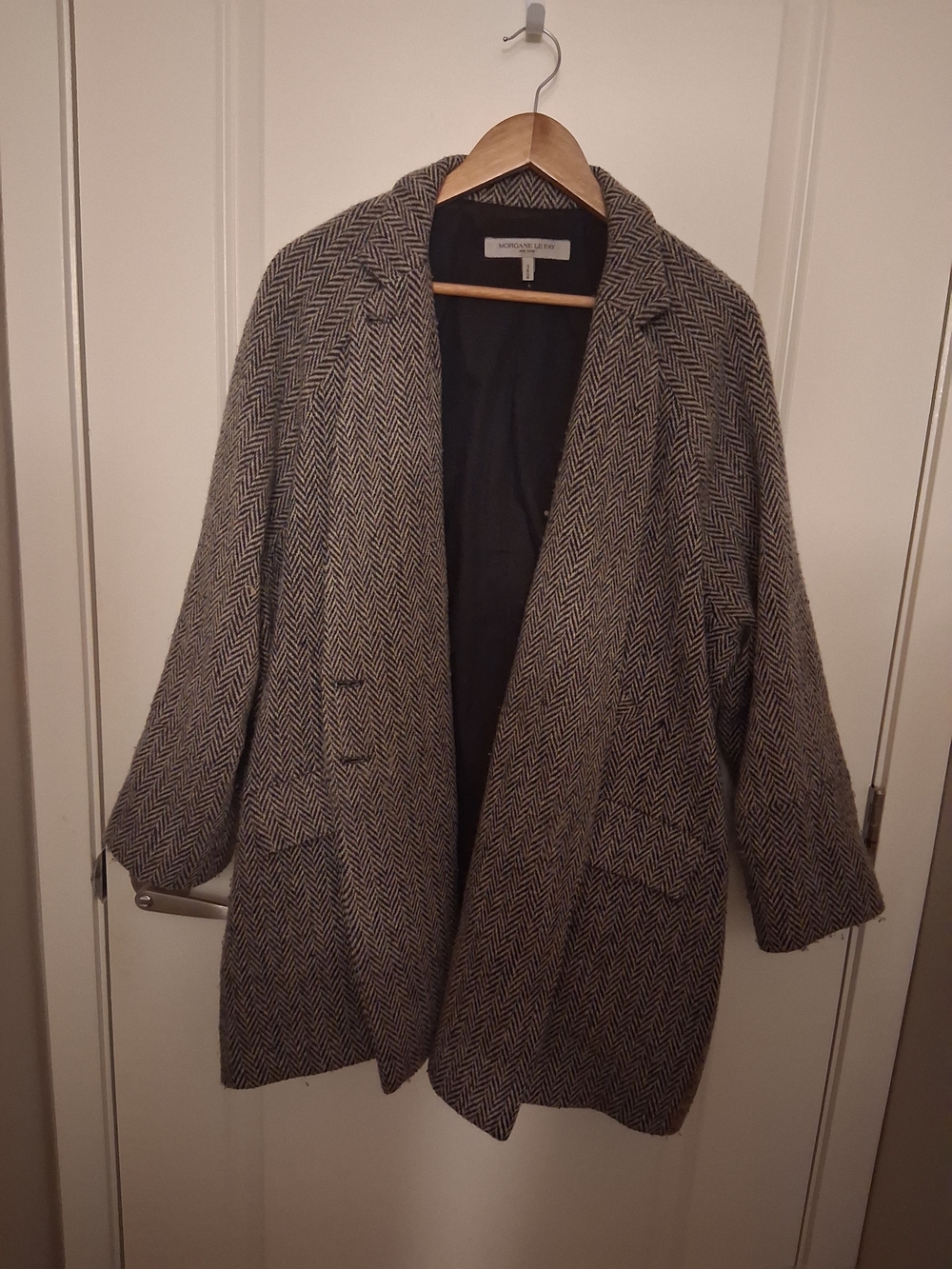 Morgane Le Fay Taupe & Black Herringbone Open-Front Blazer